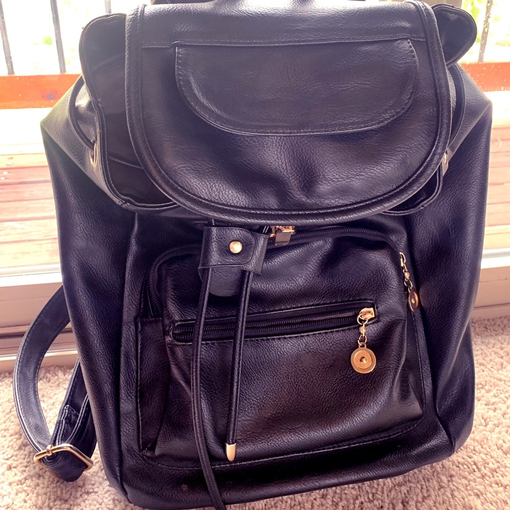 Jet Black Leather Backpack